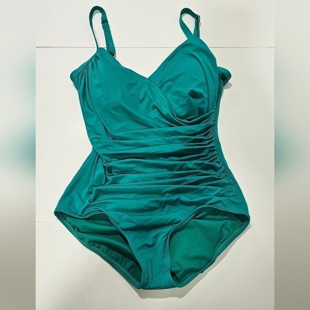 Jantzen Solid Wrap Over One-piece Swimsuit Size 10 Slimming Ruched Swim